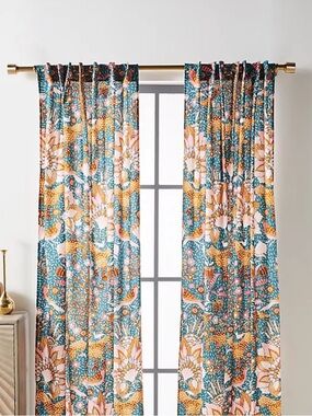 2 Panels Anthropologie Cotton Mahina Folk Floral Teal Pink Floral Curtains 63x50